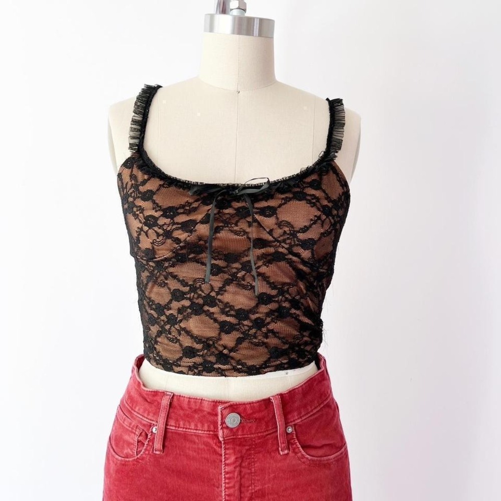 Y2K Lace Camisole Black Floral Ruffle Strap Bow Detail Cropped Top Whimsigoth S